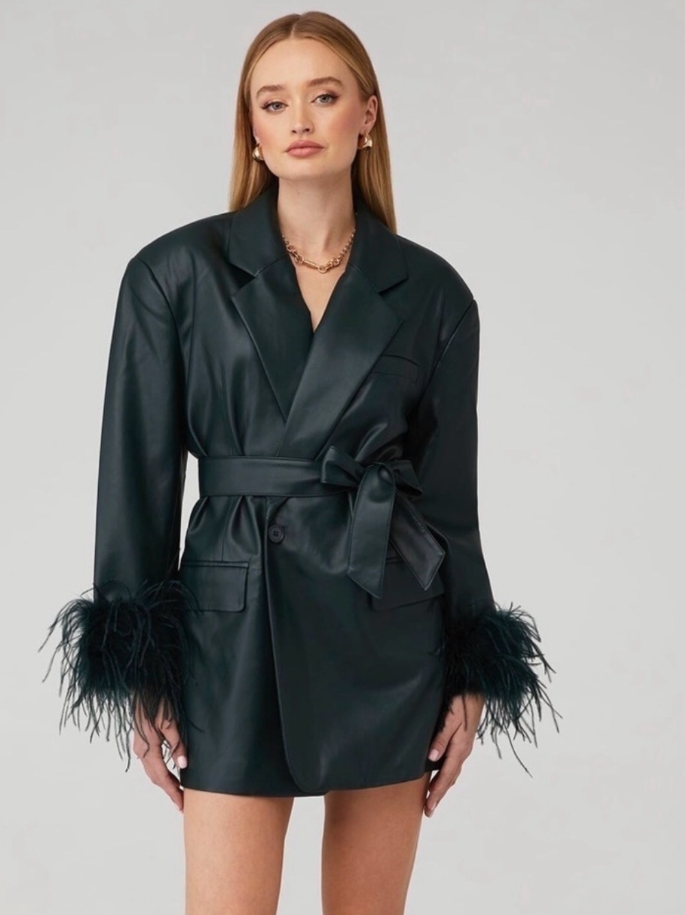 LeMarque Faux Leather Peplum Tie-Waist Blazer with Feather Cuffs - black